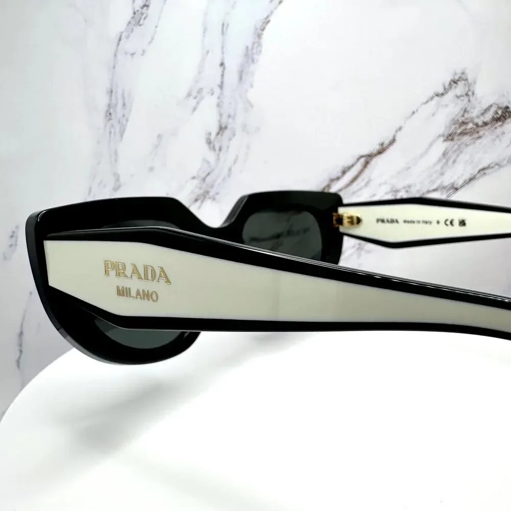 New PRADA Sunglasses Black White Talc Gold Symbole Oval Cat Eye Womens - Picture 4 of 16